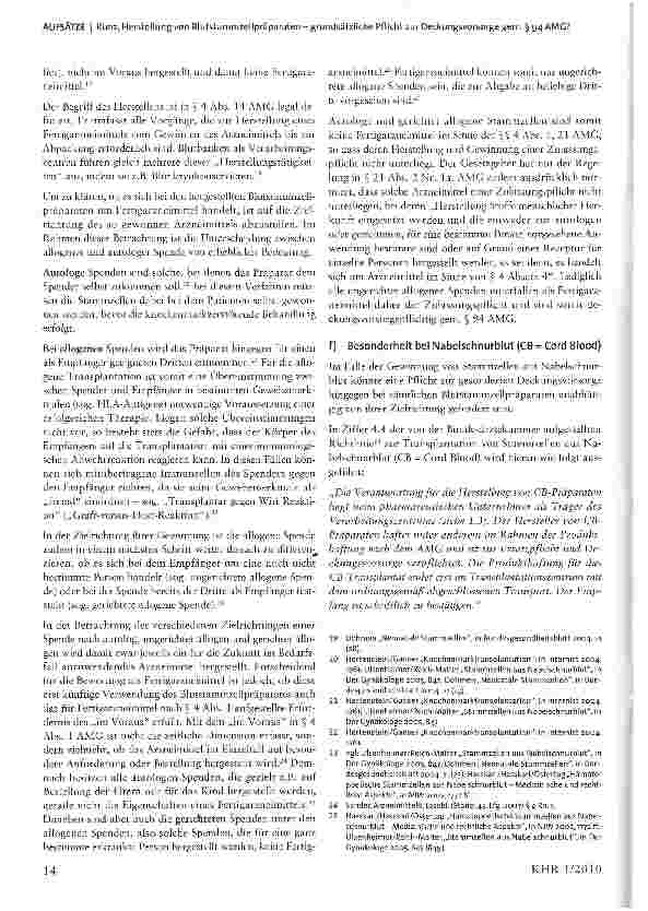Vorschauseite 4: Herstellung von Blutstammzeilpräparaten - grundsätzliche Pflicht zur Deckungsvorsorge gem. § 94 AMG?
