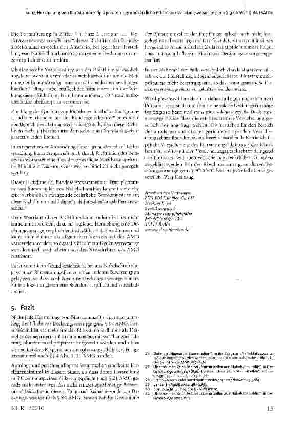 Vorschauseite 5: Herstellung von Blutstammzeilpräparaten - grundsätzliche Pflicht zur Deckungsvorsorge gem. § 94 AMG?