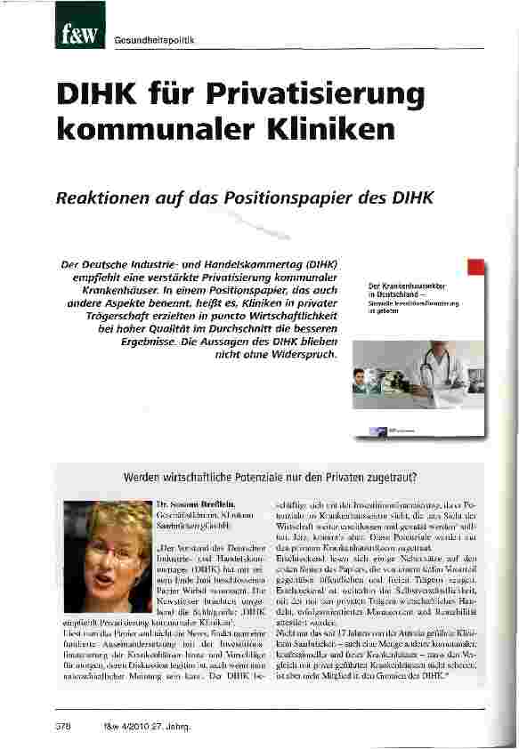 Vorschauseite 1: DIHK für Privatisierung kommunaler Kliniken