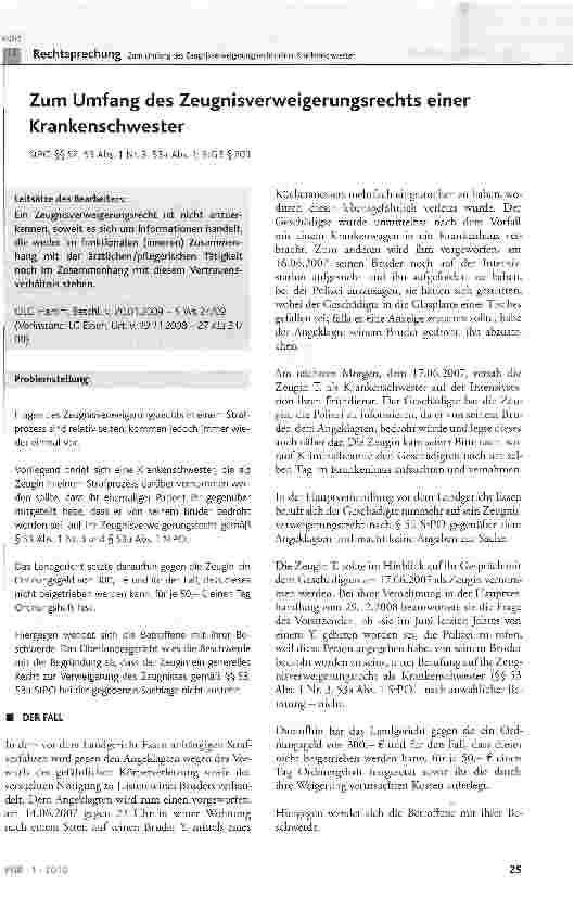 Vorschauseite 1: Zum Umfang des Zeugnisverweigerungsrechts einer Krankenschwester
