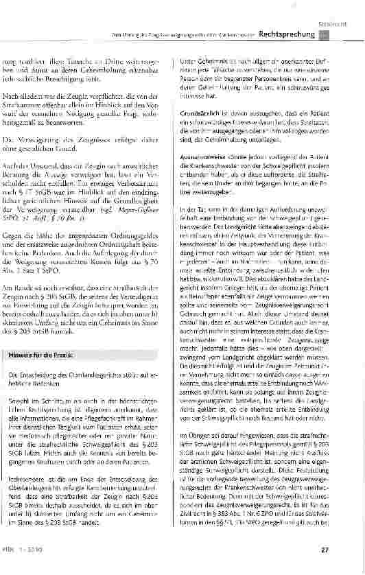 Vorschauseite 3: Zum Umfang des Zeugnisverweigerungsrechts einer Krankenschwester