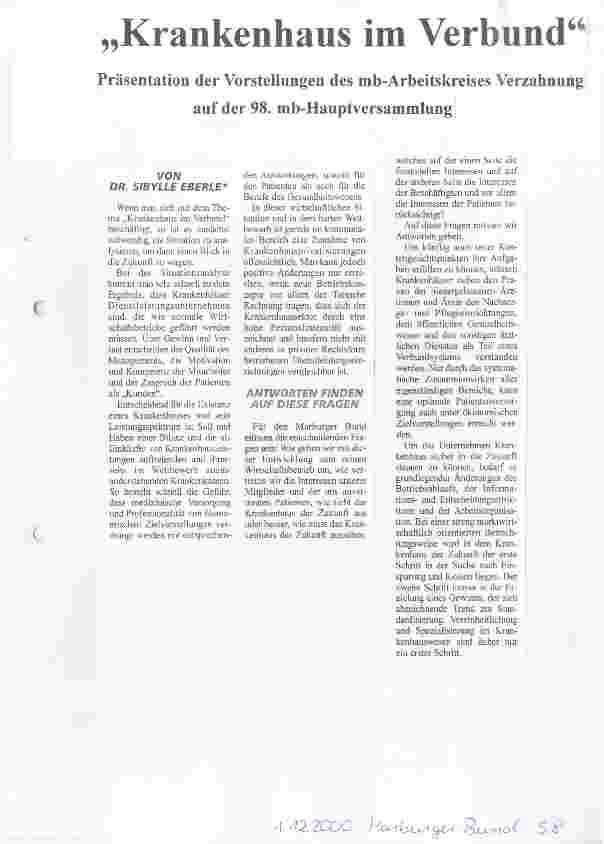 Vorschauseite 1: Krankenhaus im Verbund Präsentation der Vorstellungen des mb-Arbeitskreises Verzahnung auf der 98. mb-Hauptversammlung