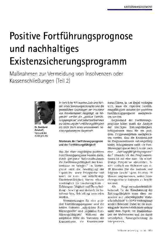 Vorschauseite 1: Positive Fortführungsprognose und nachhaltiges Existenzsicherungsprogramm Maßnahmen zur Vermeidung von Insolvenzen oder Kassenschließungen (Teil 2)