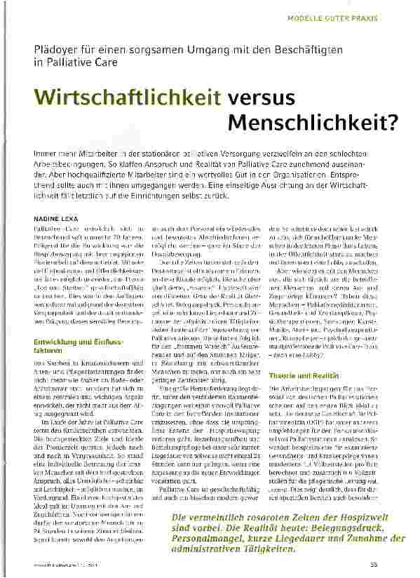 Vorschauseite 1: Plädoyer für einen sorgsamen Umgang mit den Beschäftigten in Palliative CareWirtschaftlichkeit versus Menschlichkeit?