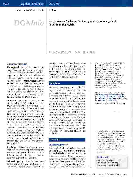 Vorschauseite 1: S3-Leitlinie zu Analgesie, Sedierung und Delirmanagement in der Intensivmedizin