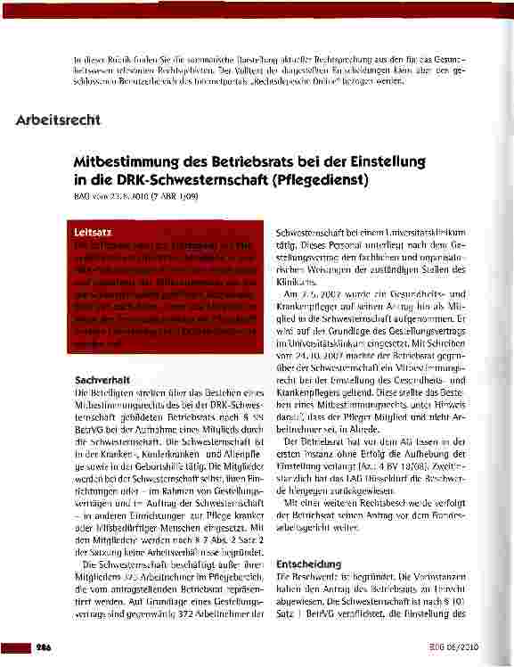 Vorschauseite 1: Mitbestimmung des Betriebsrats bei der Einstellung in die DRK-Schwesternschaft (Pflegedienst)