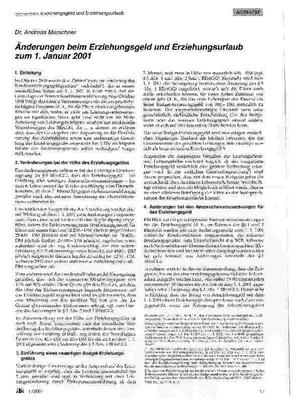 Vorschauseite 1: Änderungen beim Erziehungsgeld und Erziehungsurlaub zum 1. Januar 2001