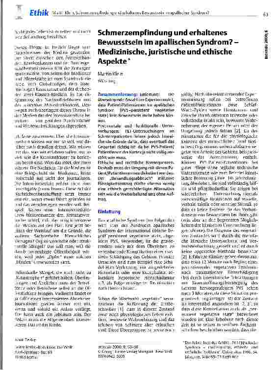Vorschauseite 1: Schmerzempfindung und erhaltenes Bewusstsein im apallischen Syndrom? Medizinische, juristische und ethische Aspekte