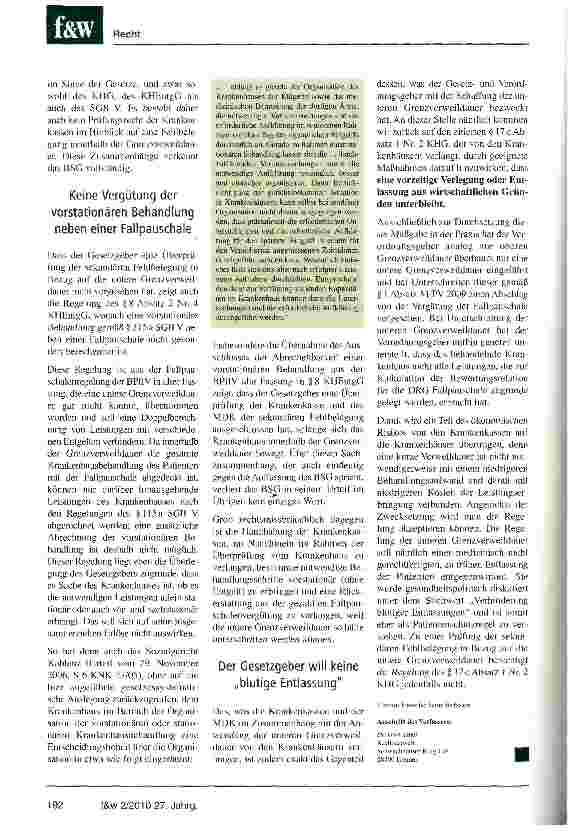 Vorschauseite 5: BSG-Urteil überzeugt nicht Die MDK-Überprüfung der sekundären Fehlbelegung in Bezug auf die untere Grenzverweildauer im Streit