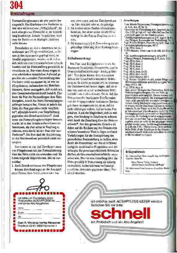 Vorschauseite 3: Rechtsfragen: Postzustellung im Heim. Zu Fragen des Briefund Postgeheimnisses bei der Postzustellung in Alten-und Pflegeheimen