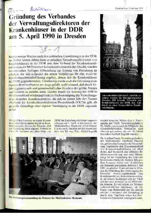 Vorschauseite 1: Gründung des Verbandes der Verwaltungsdirektoren der Krankenhäuser in der DDR am 5. April 1990 in Dresden
