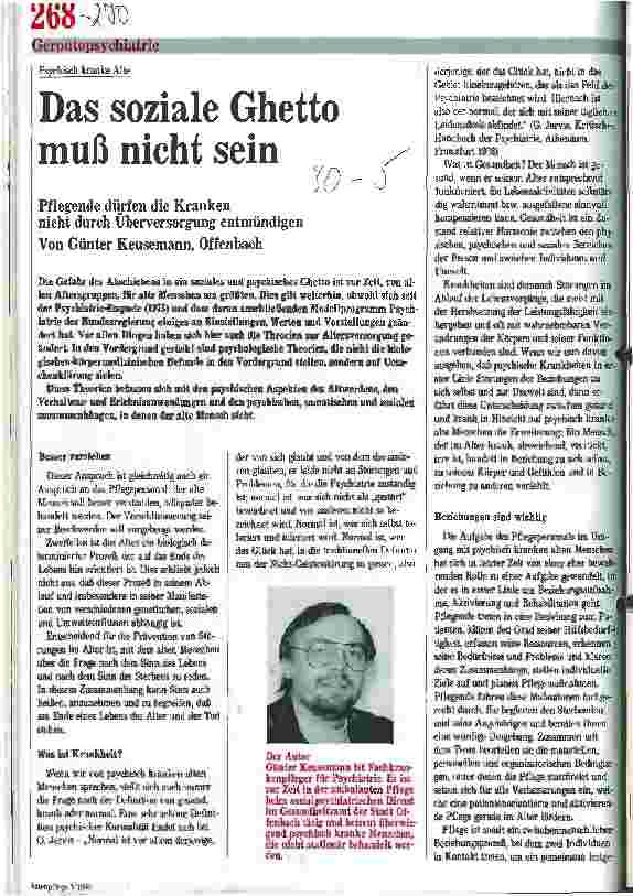 Vorschauseite 1: Psychisch kranke Alte: Das soziale Getto muß nicht sein. Pflegende dürfen die Kranken nicht durch Überversorgung entmündigen.