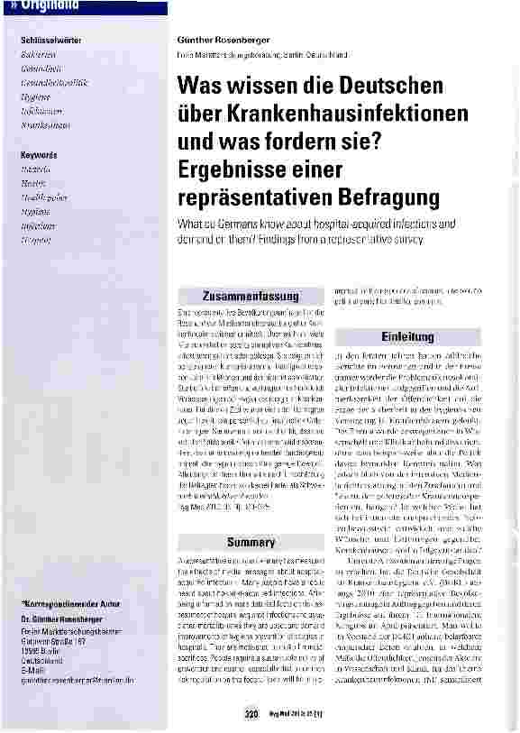 Vorschauseite 1: Was wissen die Deutschen über Krankenhausinfektionen und was fordern sie? Ergebnisse einer repräsentativen Befragung