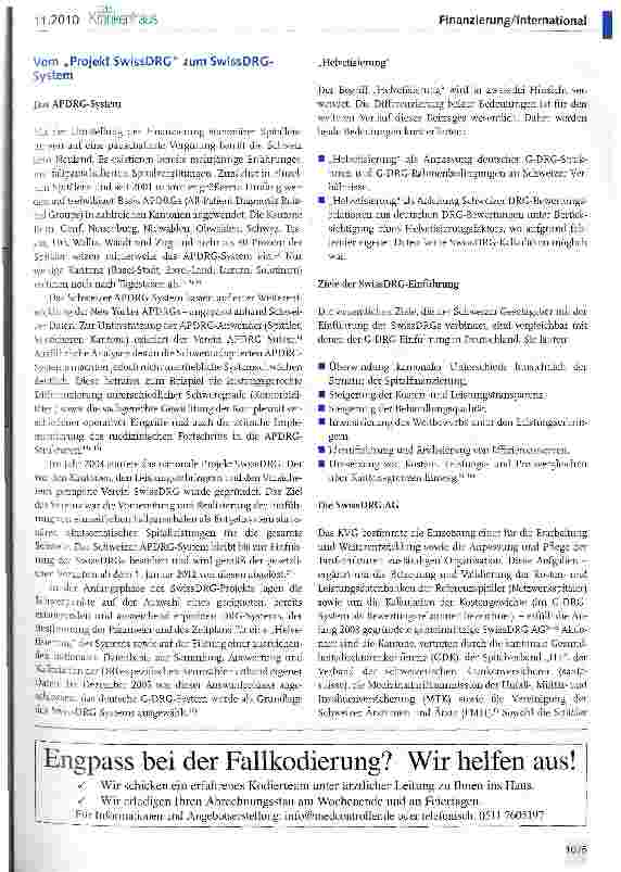 Vorschauseite 2: Die SwissDRGs - ein Zwischenbericht zur Einführung der fallpauschalierten Spitalfinanzierung auf der Grundlage deutscher DRG-Strukturen (I)