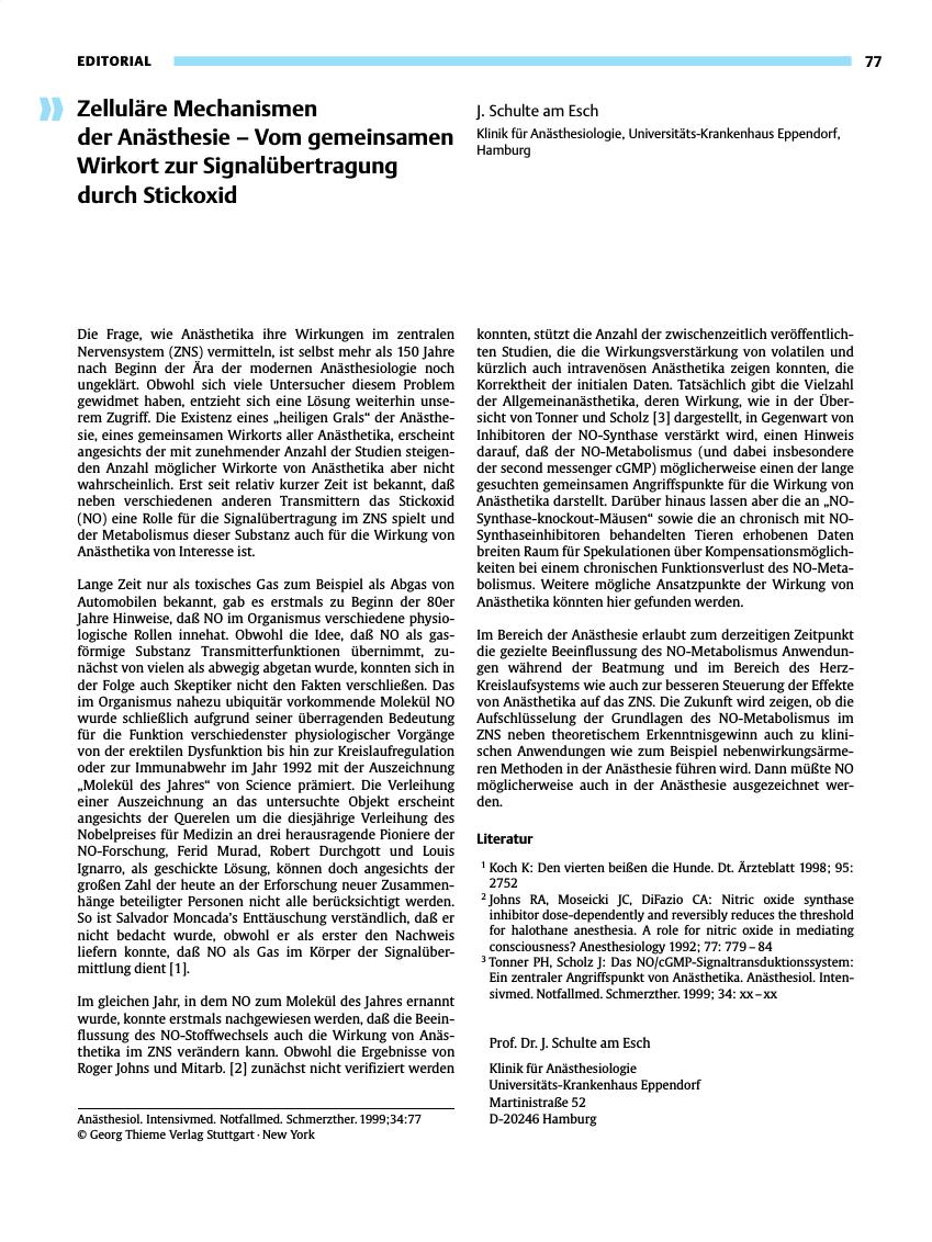 Vorschauseite 1: Zelluläre Mechanismen der Anästhesie - Vom gemeinsamen Wirkort zur Signalübertragung durch Stickoxid