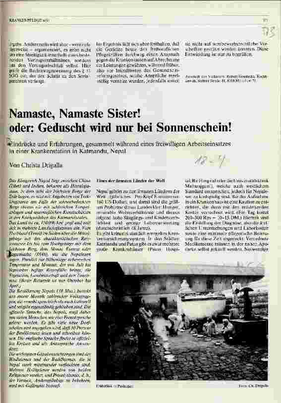 Vorschauseite 1: Namaste, Namaste Sister! oder: Geduscht wird nur bei Sonnenschein! Eindrücke und Erfahrungen in einer Krankenstation am Katmandu