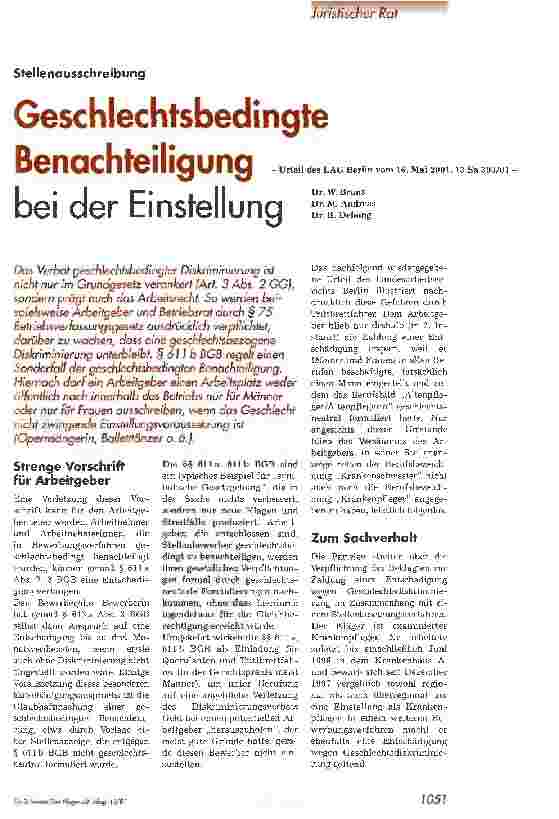 Vorschauseite 1: Geschlechtsbedingte Benachteiligung bei der Einstellung