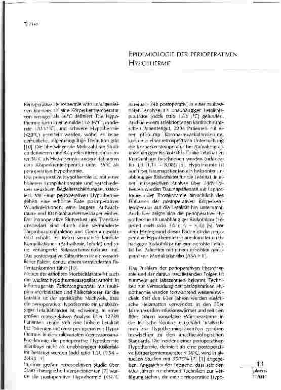 Vorschauseite 1: EPIDEMIOLOGIE DER PERIOPERATIVEN HYPOTHERMIE