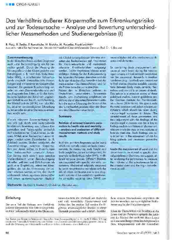 Vorschauseite 1: Das Verhältnis äußerer Körpermaße zum Erkrankungsrisiko und zur Todesursache - Analyse und Bewertung unterschied licher Messmethoden und Studienergebnisse