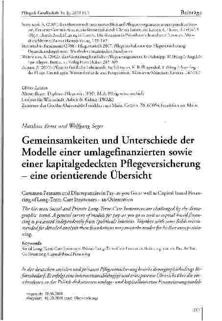 Vorschauseite 1: Gemeinsamkeiten und Unterschiede der Modelle einer umlagefinanzierten sowie einer kapitalgedeckten Pflegeversicherung - eine orientierende Übersicht
