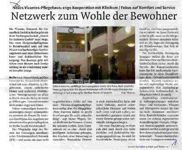 Vorschauseite 1: Neues Vivantes-Pflegehaus: enge Kooperation mit Klinikum / Fokus auf Komfort und ServiceNetzwerk zum Wohle der Bewohner