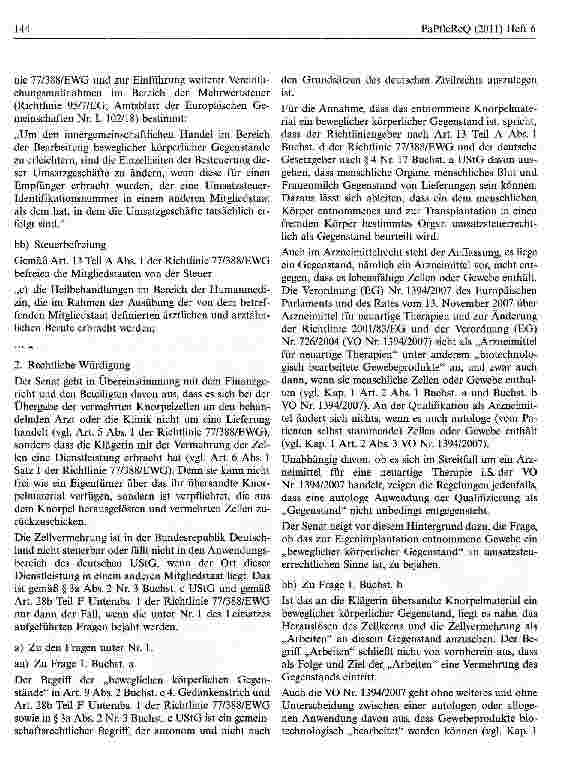 Vorschauseite 4: BFH ruft EuGH zur Steuerpflicht bei Umsätzen aus Zellvermehrungen zum Zwecke der Eigenimplantation an