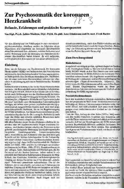 Vorschauseite 1: Zur Psychosomatik der koronaren Herzkrankheit Befunde, Erfahrungen und praktische Konsequenzen