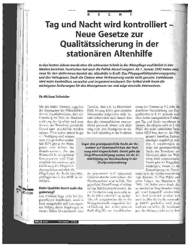 Vorschauseite 1: Tag und Nacht wird kontrolliert Neue Gesetze zur Qualitätssicherung in der stationären Altenhilfe