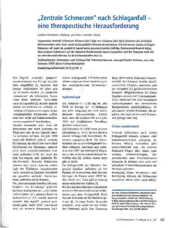Vorschauseite 1: „Zentrale Schmerzen nach Schlaganfall -eine therapeutische Herausforderung