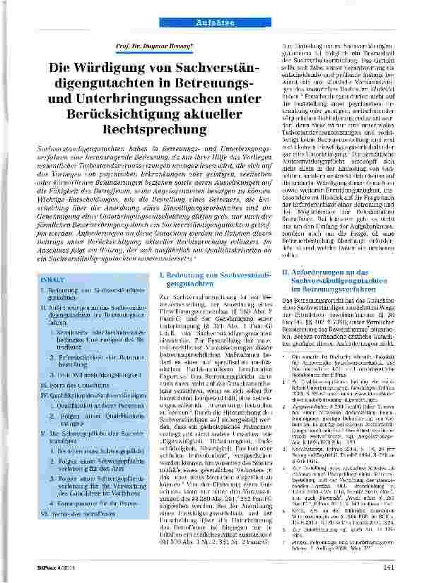 Vorschauseite 1: Die Würdigung von Sachverständigengutachten in Betreuungsund Unterbringungssachen unter Berücksichtigung aktueller Rechtsprechung