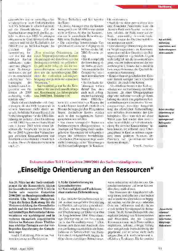Vorschauseite 1: Einseitige Orientierung an den Ressourcen Dokumentation Teil I / Gutachten 2000/2001 des Sachverständigenrates