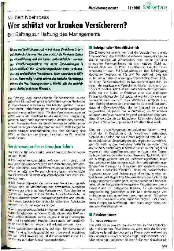 Vorschauseite 1: Wer schützt vor kranken Versicherern? Ein Beitrag zur Haftung des Managements