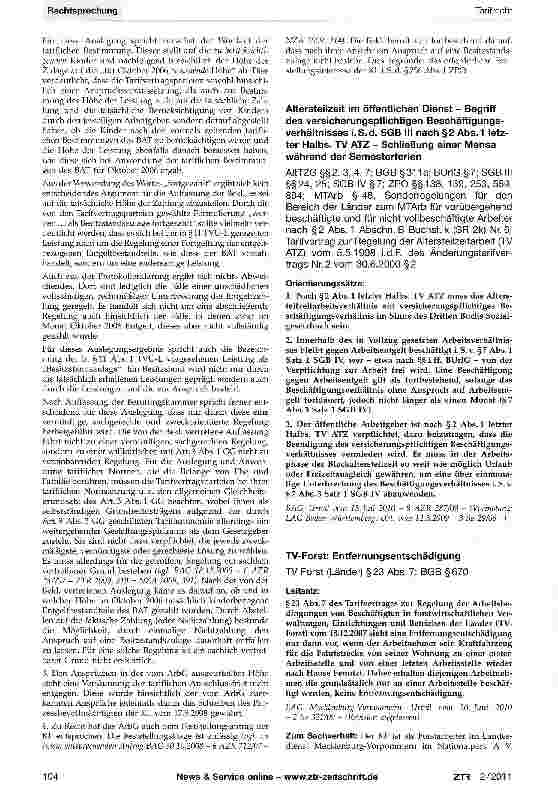 Vorschauseite 1: TV-Forst: EntfernungsentschädigungTV Forst (Länder) §23 Abs. 7; BGB §670