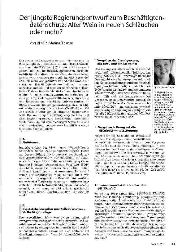 Vorschauseite 1: Der jüngste Regierungsentwurf zum Beschäftigtendatenschutz: Alter Wein in neuen Schläuchen oder mehr?