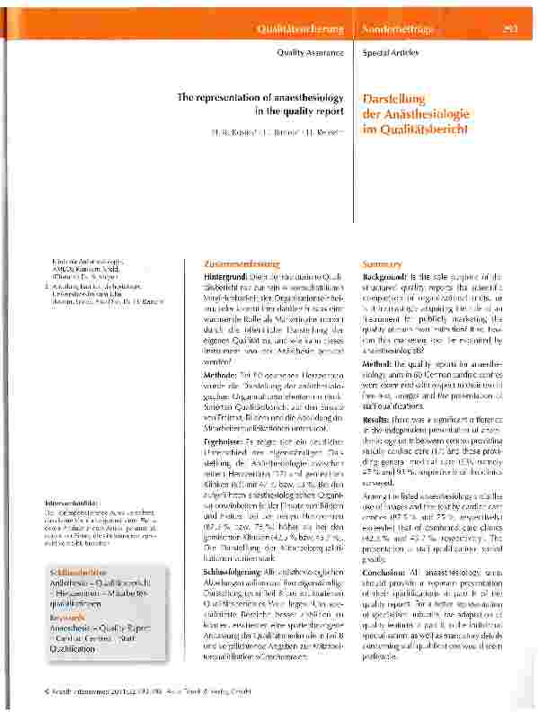 Vorschauseite 1: Darstellung der Anästhesiologie im Qualitätsbericht