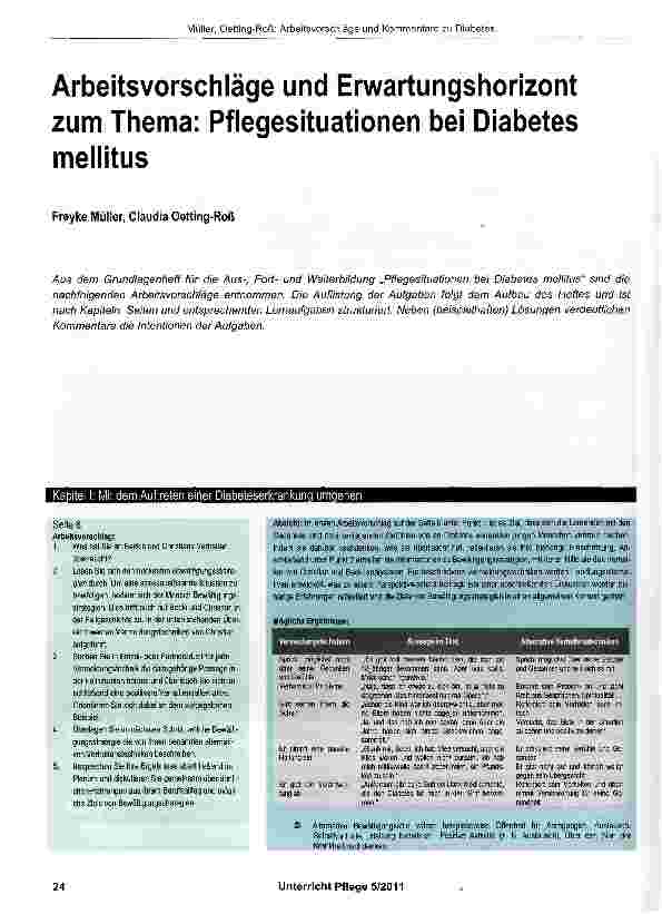 Vorschauseite 1: Arbeitsvorschläge und Erwartungshorizont zum Thema: Pflegesituationen bei Diabetes mellitus