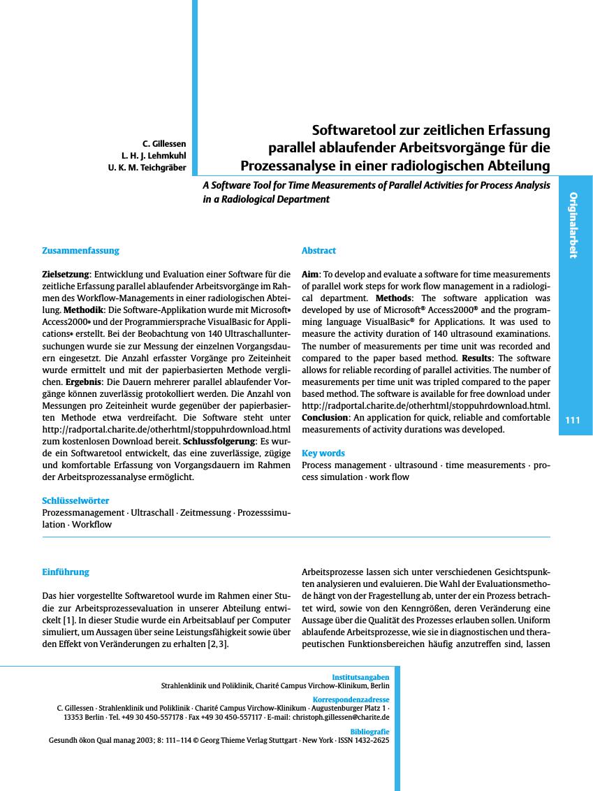 Vorschauseite 1: Softwaretool zur zeitlichen Erfassung parallel ablaufender Arbeitsvorgänge für die Prozessanalyse in einer radiologischen Abteilung