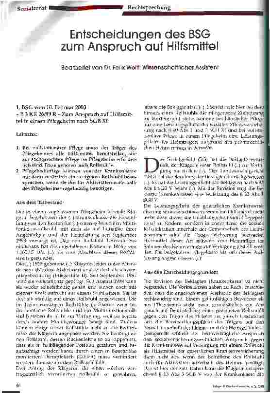 Vorschauseite 1: Entscheidungen des BSG zum Anspruch auf Hilfsmittel
