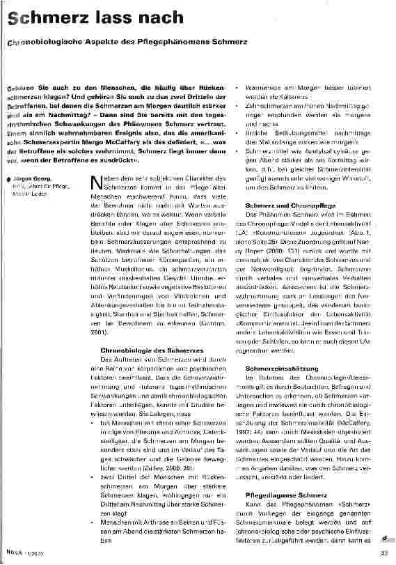 Vorschauseite 1: Schmerz lass nach Chronobiologische Aspekte des Pflegephänomens Schmerz