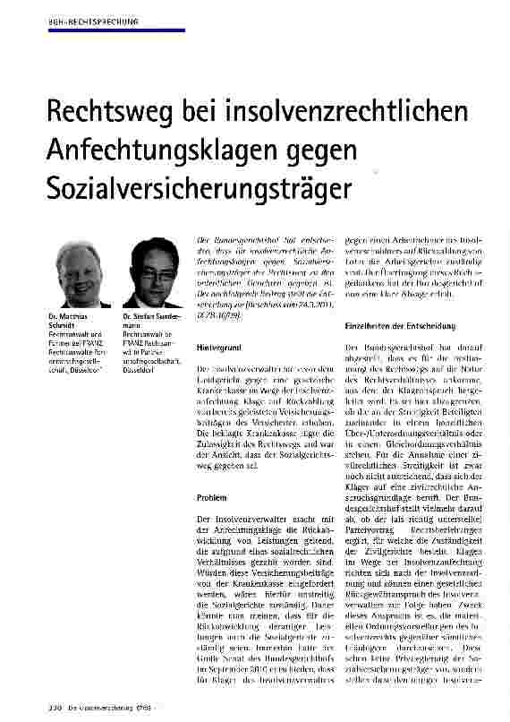 Vorschauseite 1: Rechtsweg bei insolvenzrechtlichen Anfechtungsklagen gegen Sozialversicherungsträger