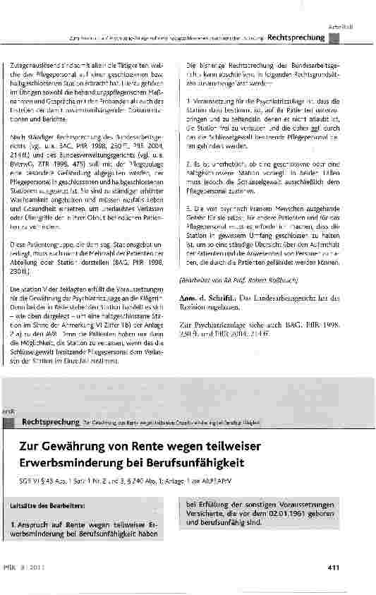 Vorschauseite 1: Zur Gewährung von Rente wegen teilweiser Erwerbsminderung bei BerufsunfähigkeitSCß VI § 43 Abs. 1 Satz 1 Nr. 2 und 3, § 240 Abs. 1; Anlage 1 zur AltPflAPrV