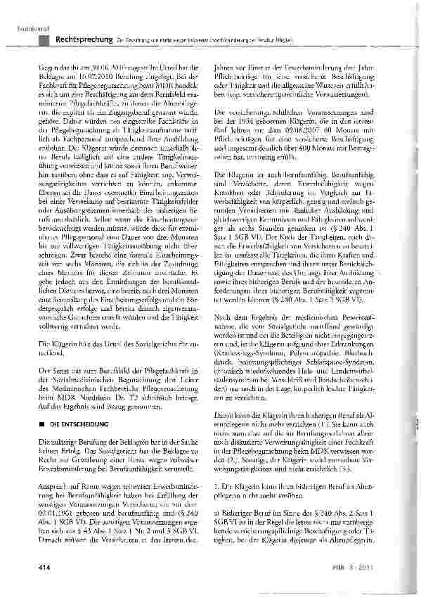 Vorschauseite 4: Zur Gewährung von Rente wegen teilweiser Erwerbsminderung bei BerufsunfähigkeitSCß VI § 43 Abs. 1 Satz 1 Nr. 2 und 3, § 240 Abs. 1; Anlage 1 zur AltPflAPrV