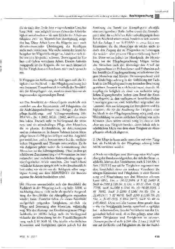 Vorschauseite 5: Zur Gewährung von Rente wegen teilweiser Erwerbsminderung bei BerufsunfähigkeitSCß VI § 43 Abs. 1 Satz 1 Nr. 2 und 3, § 240 Abs. 1; Anlage 1 zur AltPflAPrV