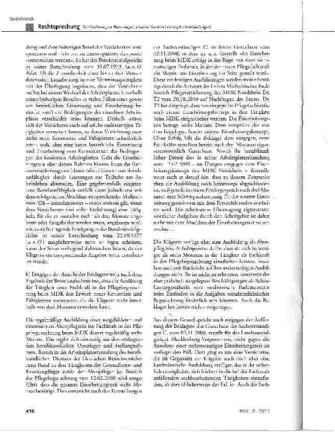 Vorschauseite 6: Zur Gewährung von Rente wegen teilweiser Erwerbsminderung bei BerufsunfähigkeitSCß VI § 43 Abs. 1 Satz 1 Nr. 2 und 3, § 240 Abs. 1; Anlage 1 zur AltPflAPrV