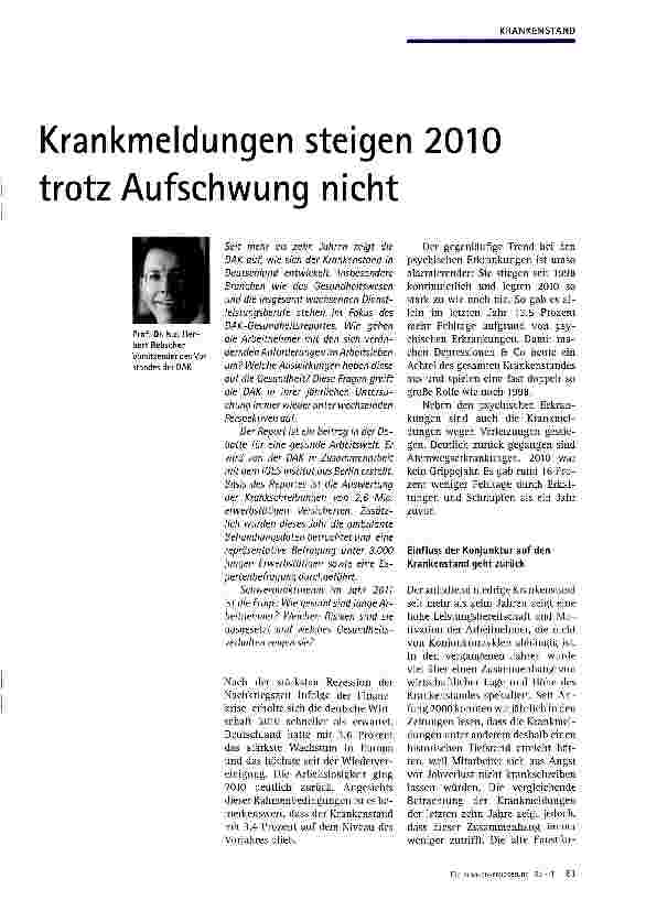 Vorschauseite 1: Krankmeldungen steigen 2010 trotz Aufschwung nicht