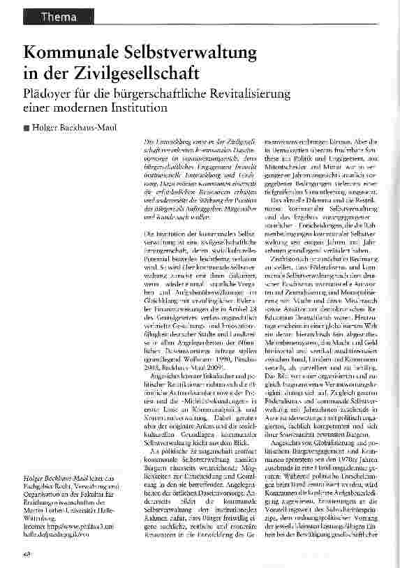 Vorschauseite 1: Kommunale Selbstverwaltung in der ZivilgesellschaftPlädoyer für die bürgerschaftliche Revitalisierung einer modernen Institution
