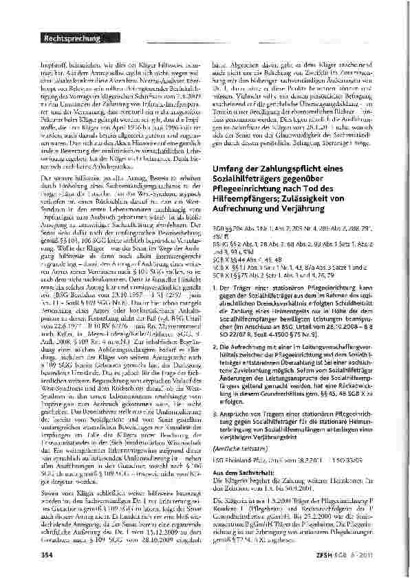 Vorschauseite 1: Umfang der Zahlungspflicht eines Sozialhilfeträgers gegenüber Pflegeeinrichtung nach Tod des Hilfeempfängers; Zulässigkeit von Aufrechnung und Verjährung