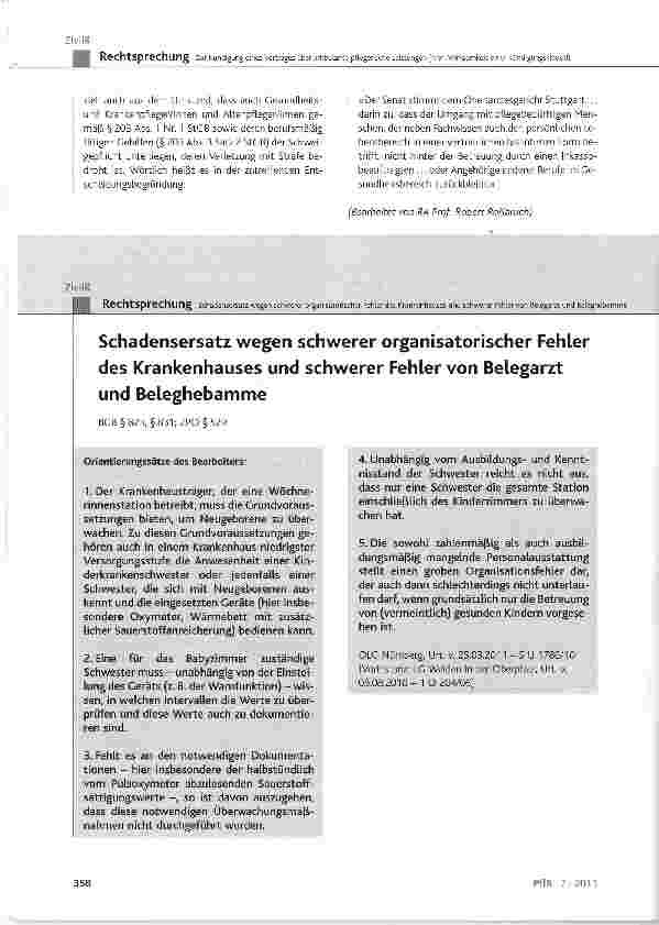 Vorschauseite 1: Schadensersatz wegen schwerer organisatorischer Fehler des Krankenhauses und schwerer Fehler von Belegarzt und Beleghebamme