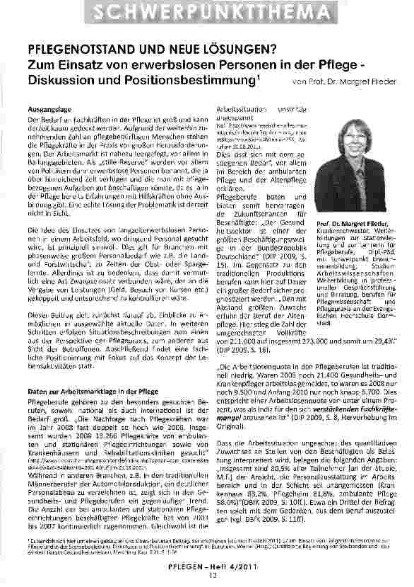 Vorschauseite 1: PFLEGENOTSTAND UND NEUE LÖSUNGEN? Zum Einsatz von erwerbslosen Personen in der Pflege -Diskussion und Positionsbestimmung