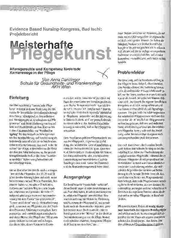 Vorschauseite 1: Meisterhafte Pflegekunst Evidence Based Nursing-Kongress, Bad Ischl: Projektbericht